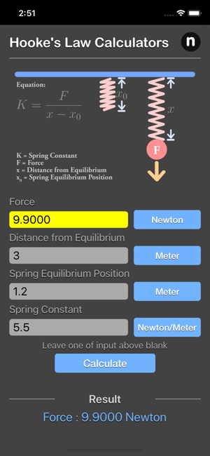 Hooke Law Calculator iOS App for iPhone and iPad