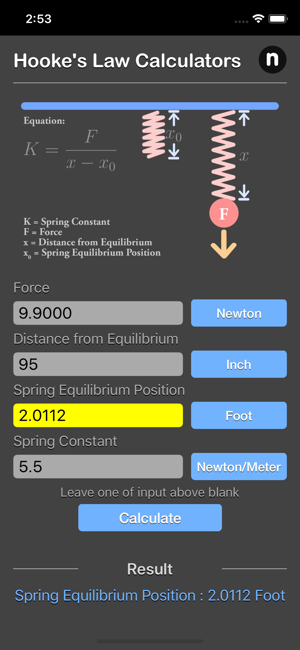 Hooke Law Calculator iOS App for iPhone and iPad