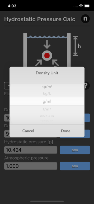 Hydrostatic Pressure Calc iOS App for iPhone and iPad