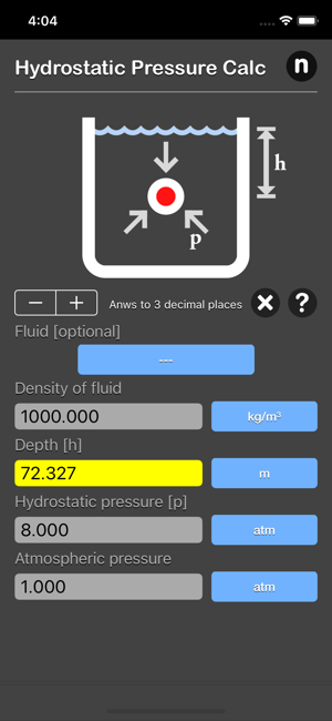 Hydrostatic Pressure Calc iOS App for iPhone and iPad