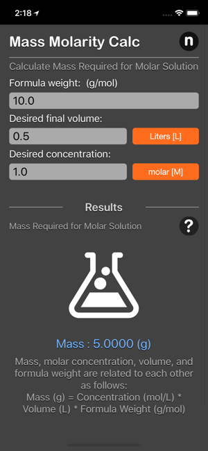 Mass Molarity Calculator iOS App for iPhone and iPad