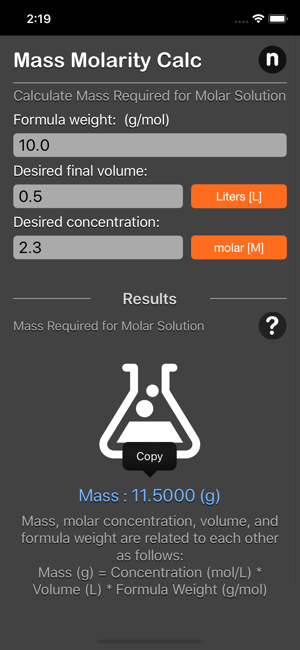 Mass Molarity Calculator iOS App for iPhone and iPad