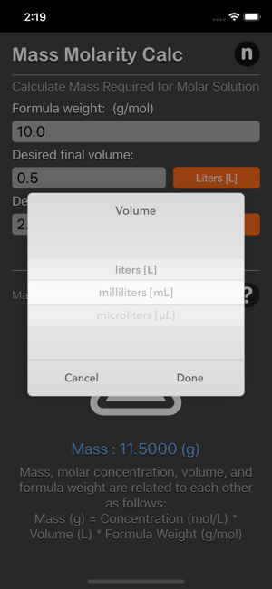 Mass Molarity Calculator iOS App for iPhone and iPad