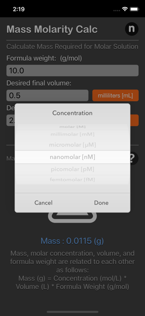 Mass Molarity Calculator iOS App for iPhone and iPad