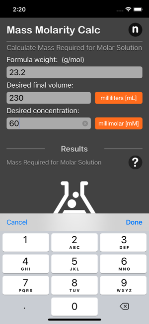 Mass Molarity Calculator iOS App for iPhone and iPad