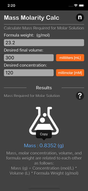 Mass Molarity Calculator iOS App for iPhone and iPad