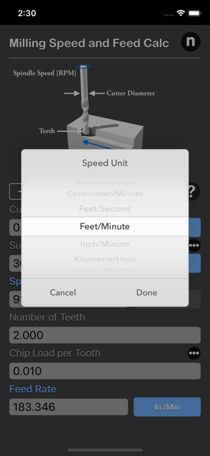Milling Speed and Feed Calc iOS App for iPhone and iPad