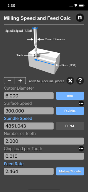 Milling Speed and Feed Calc iOS App for iPhone and iPad