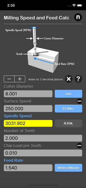 Milling Speed and Feed Calc iOS App for iPhone and iPad
