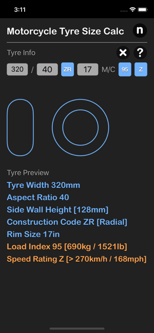 Motorcycle Tyre Size Calc iOS App for iPhone and iPad