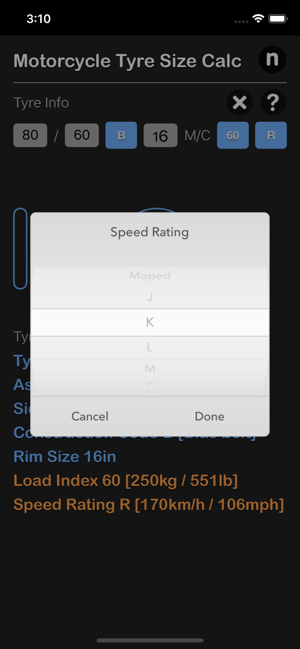 Motorcycle Tyre Size Calc iOS App for iPhone and iPad