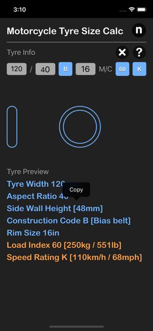 Motorcycle Tyre Size Calc iOS App for iPhone and iPad