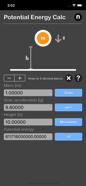 Potential Energy Calculator iOS App for iPhone and iPad