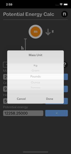 Potential Energy Calculator iOS App for iPhone and iPad