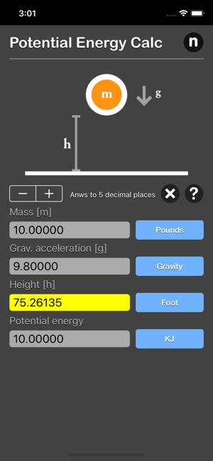 Potential Energy Calculator iOS App for iPhone and iPad