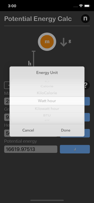 Potential Energy Calculator iOS App for iPhone and iPad