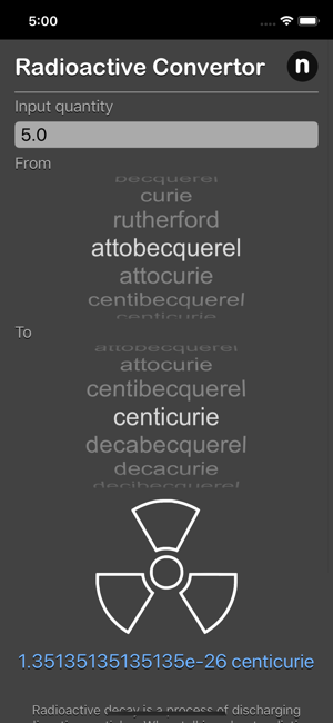 Radioactivity Conversion iOS App for iPhone and iPad