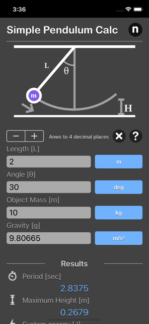Simple Pendulum Calculator iOS App for iPhone and iPad