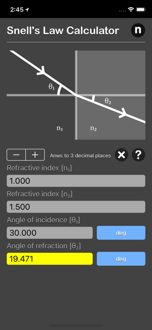 Snell Law Calculator iOS App for iPhone and iPad