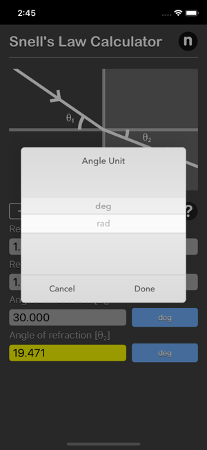 Snell Law Calculator iOS App for iPhone and iPad