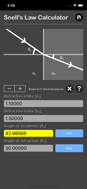 Snell Law Calculator iOS App for iPhone and iPad