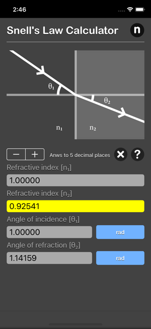 Snell Law Calculator iOS App for iPhone and iPad