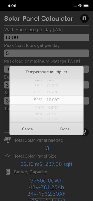 Solar Panel Calculator Plus iOS App for iPhone and iPad