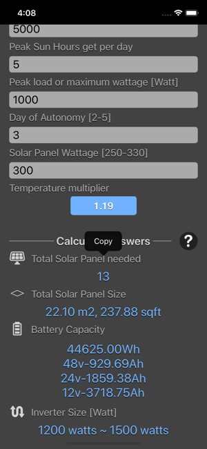 Solar Panel Calculator Plus iOS App for iPhone and iPad