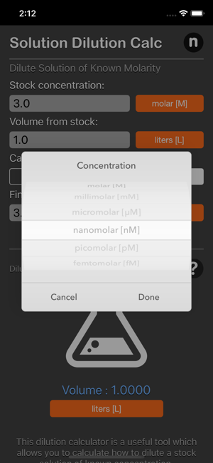 Solution Dilution Calculator iOS App for iPhone and iPad