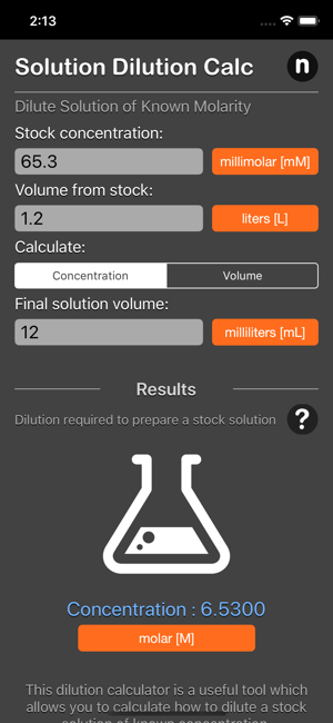 Solution Dilution Calculator iOS App for iPhone and iPad