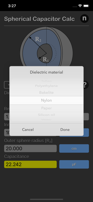 Spherical Capacitor Calculator iOS App for iPhone and iPad