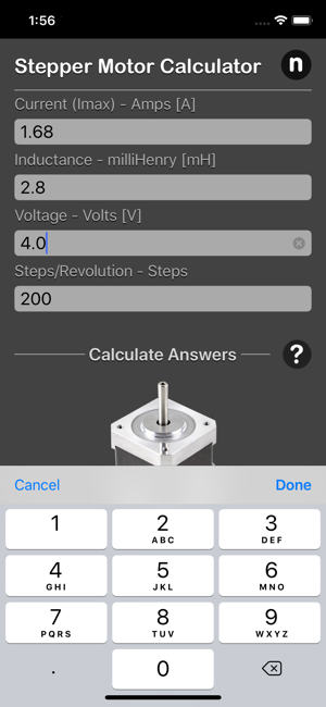 Stepper Motor Calculator iOS App for iPhone and iPad