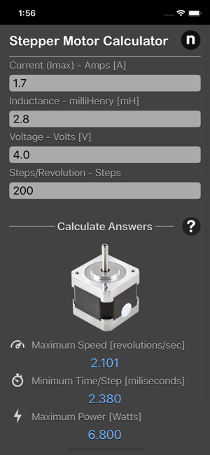 Stepper Motor Calculator iOS App for iPhone and iPad