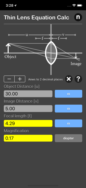 Thin Lens Equation Calc iOS App for iPhone and iPad