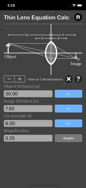 Thin Lens Equation Calc iOS App for iPhone and iPad