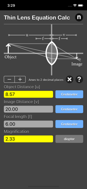 Thin Lens Equation Calc iOS App for iPhone and iPad