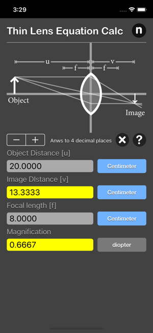 Thin Lens Equation Calc iOS App for iPhone and iPad