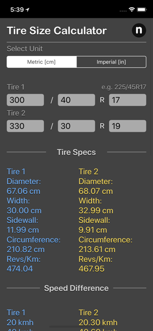 Tire Size Calculator Plus iOS App for iPhone and iPad