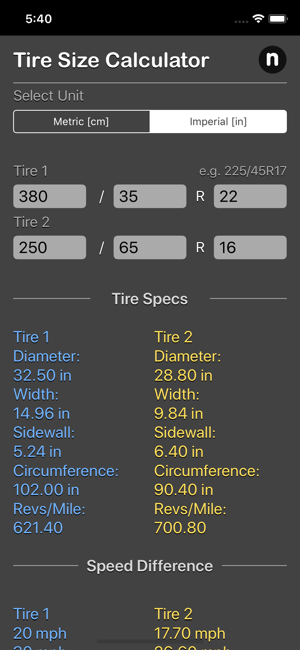 Tire Size Calculator Plus iOS App for iPhone and iPad