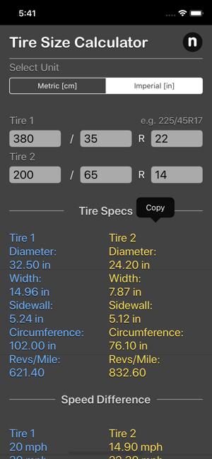 Tire Size Calculator Plus iOS App for iPhone and iPad