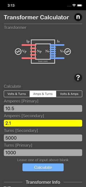 Transformer Calculator Plus iOS App for iPhone and iPad