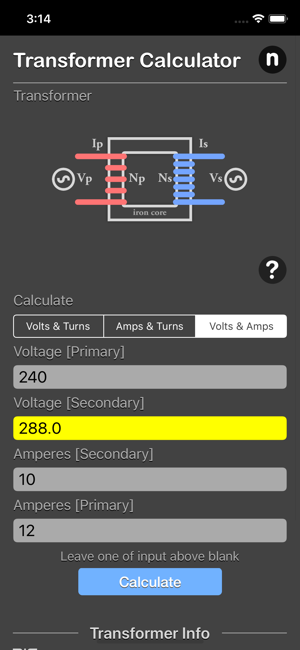 Transformer Calculator Plus iOS App for iPhone and iPad