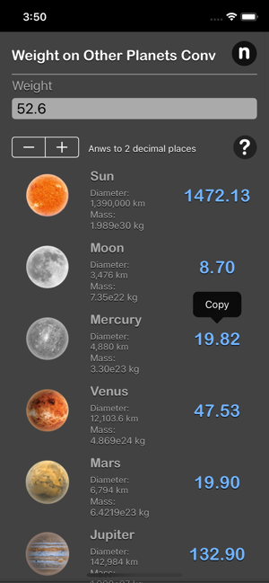 Weight on Other Planets Conv iOS App for iPhone and iPad