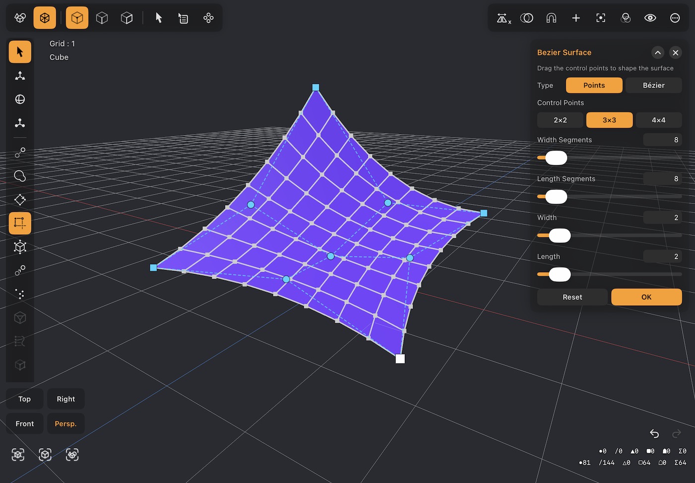 A curved sheet bent by a 3 by 3 control net, floating above a cube