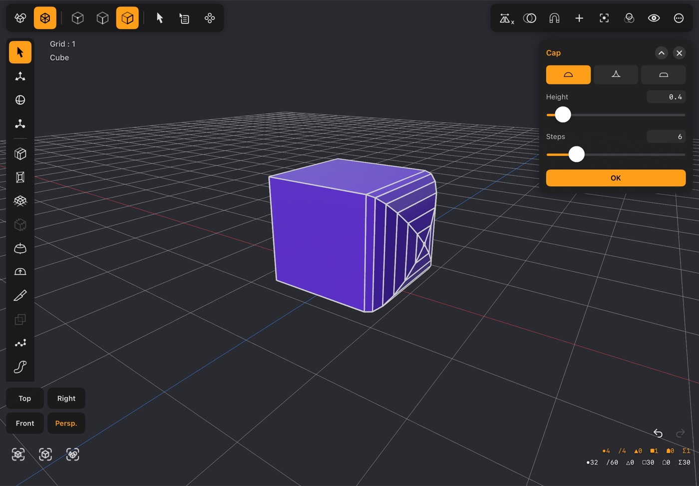 Cap raising a profiled dome on one face of a box