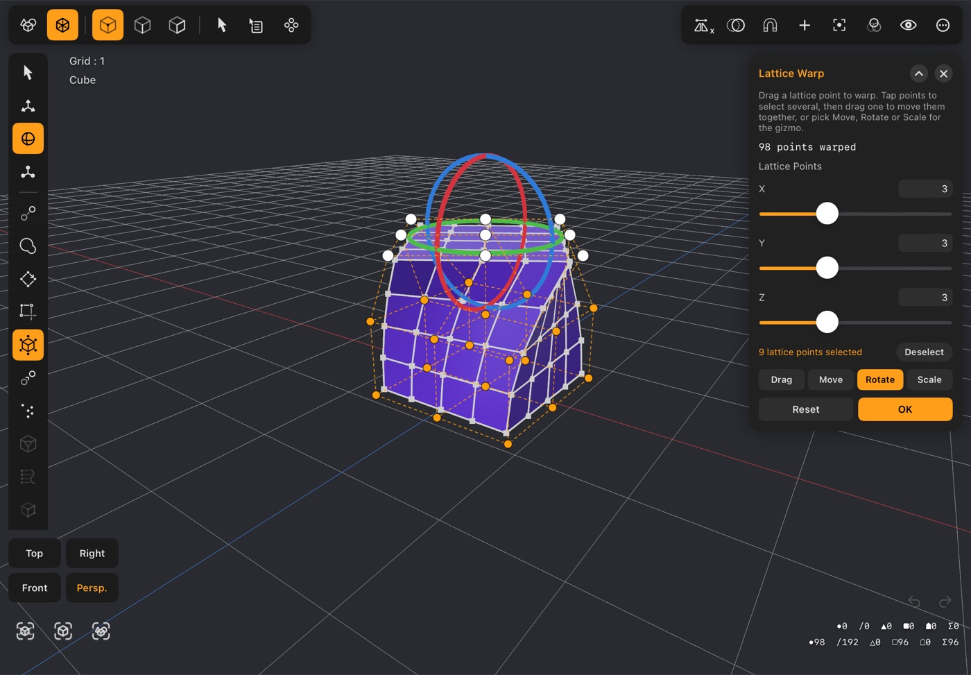 Lattice Warp with the Rotate handles on the selected lattice points, mirrored on X