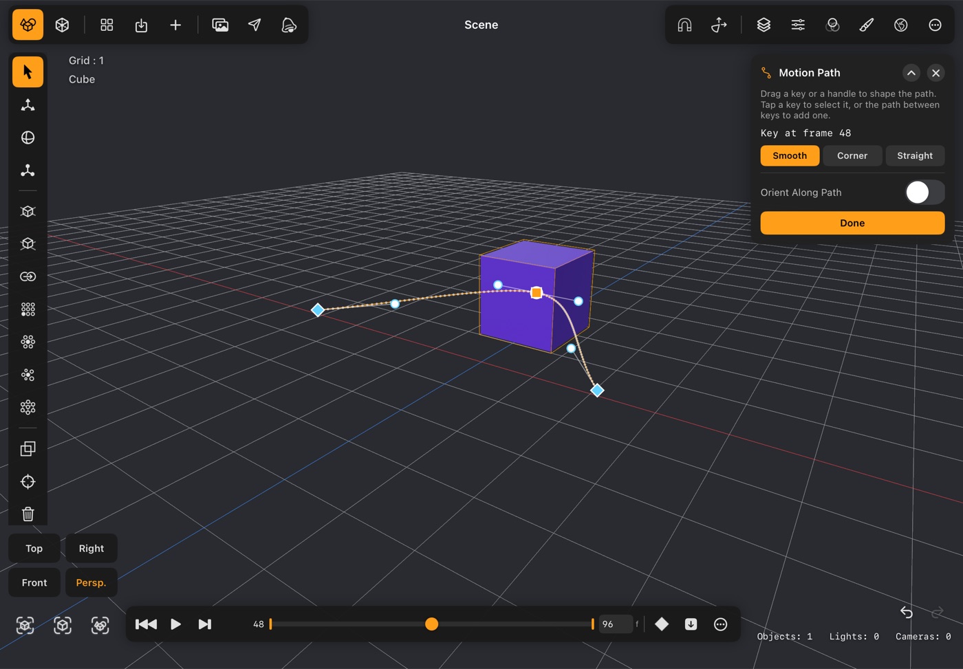 A box's motion path with Bézier handles on its middle key