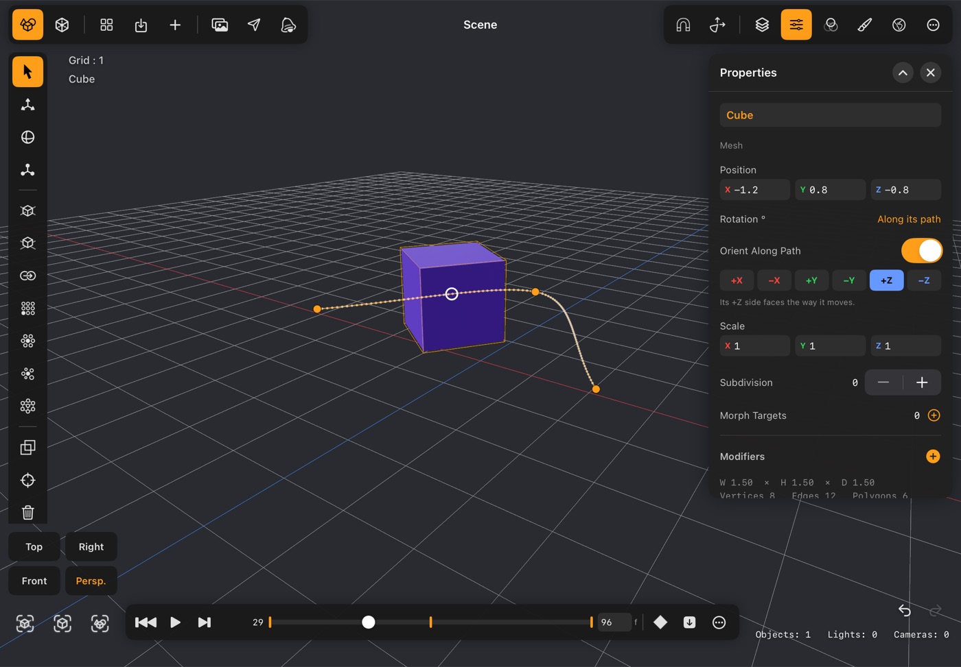 A box turned to face along its curved path