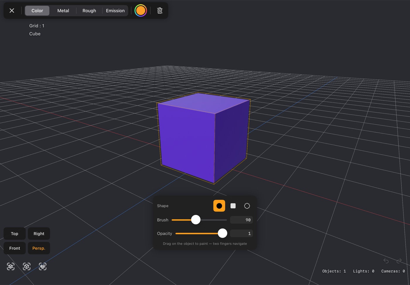Paint mode on a cube, with the brush shape, size and opacity controls