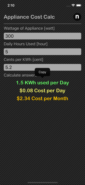 Appliance Cost Calculator iOS App for iPhone and iPad
